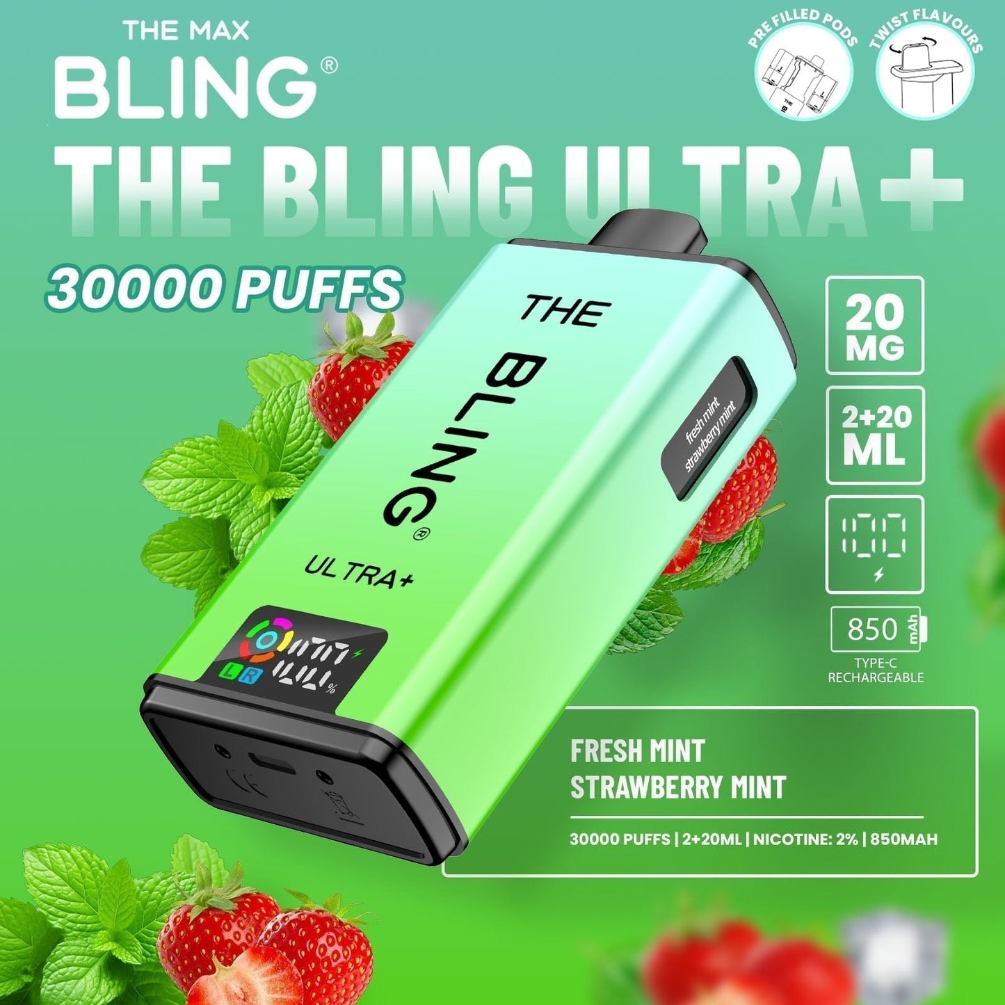The Bling Ultra Plus 30k Prefilled Vape Pod Kit Box of 5 available in Fresh Mint Strawberry Mint 