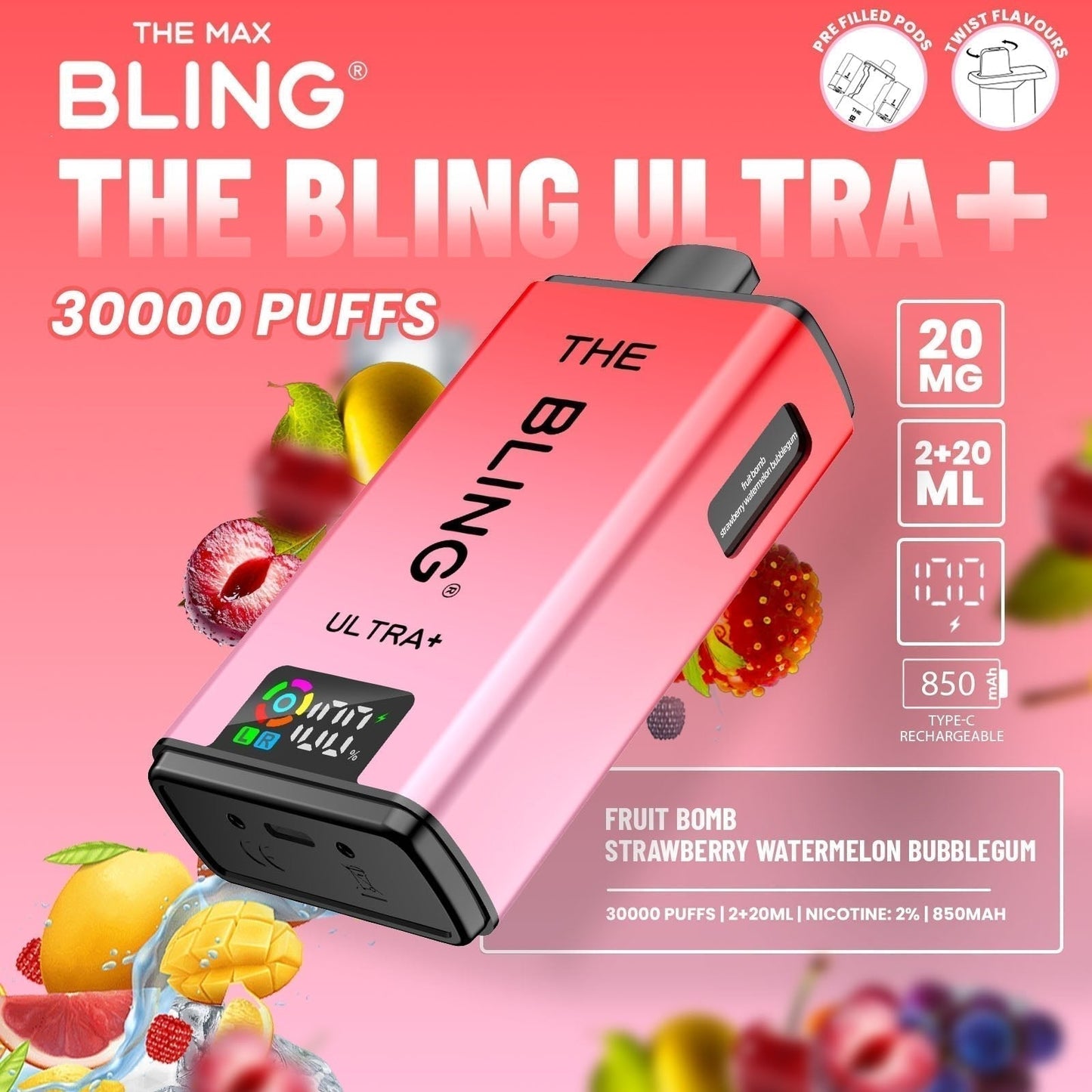 The Bling Ultra Plus 30k Prefilled Vape Pod Kit Box of 5 available in Fruit Bomb Strawberry Watermelon Bubblegum 