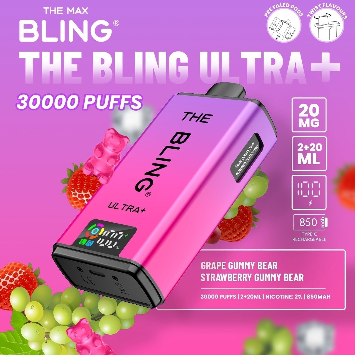 The Bling Ultra Plus 30k Prefilled Vape Pod Kit Box of 5 available in Grape Gummy Bear Strawberry Gummy Bear 