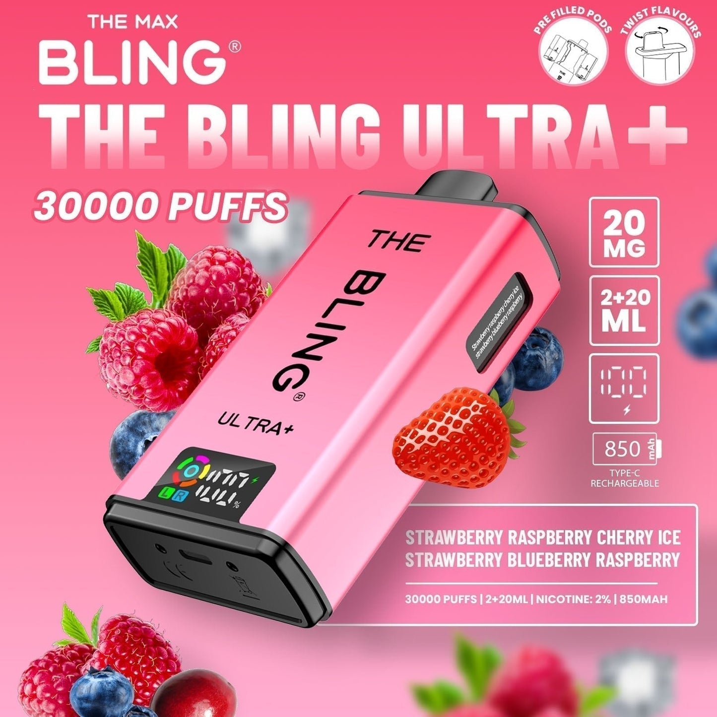 The Bling Ultra Plus 30k Prefilled Vape Pod Kit Box of 5 available in Strawberry Raspberry Cherry Ice Strawberry Blueberry Raspberry