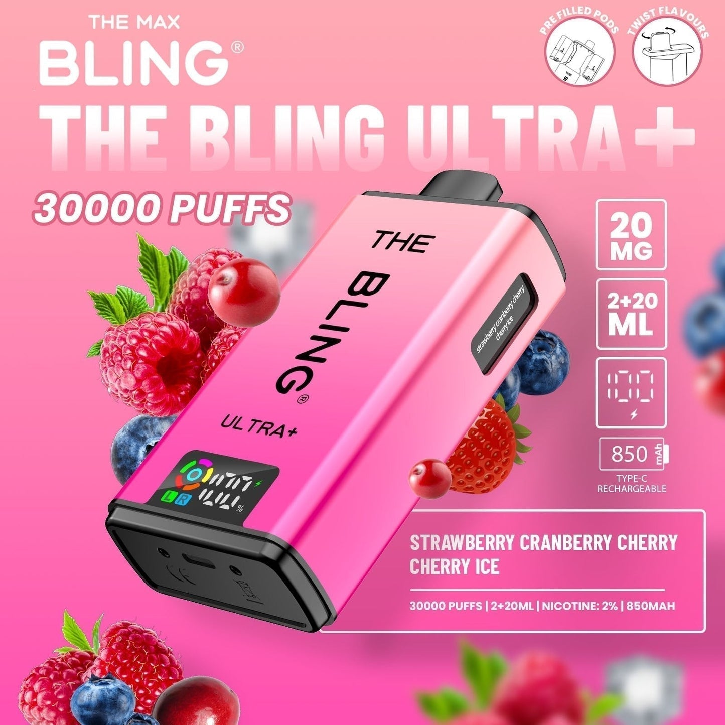 The Bling Ultra Plus 30k Prefilled Vape Pod Kit Box of 5 available in Strawberry Cranberry Cherry Cherry Ice 