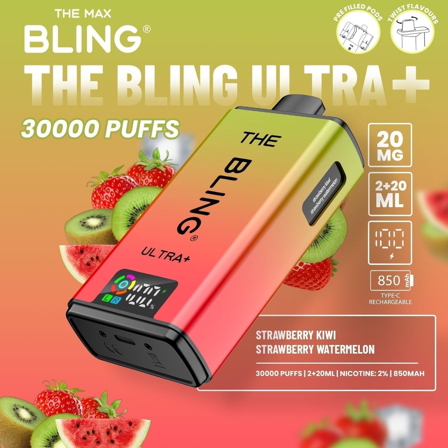 The Bling Ultra Plus 30k Prefilled Vape Pod Kit Box of 5 Available In Strawberry Kiwi Strawberry Watermelon 