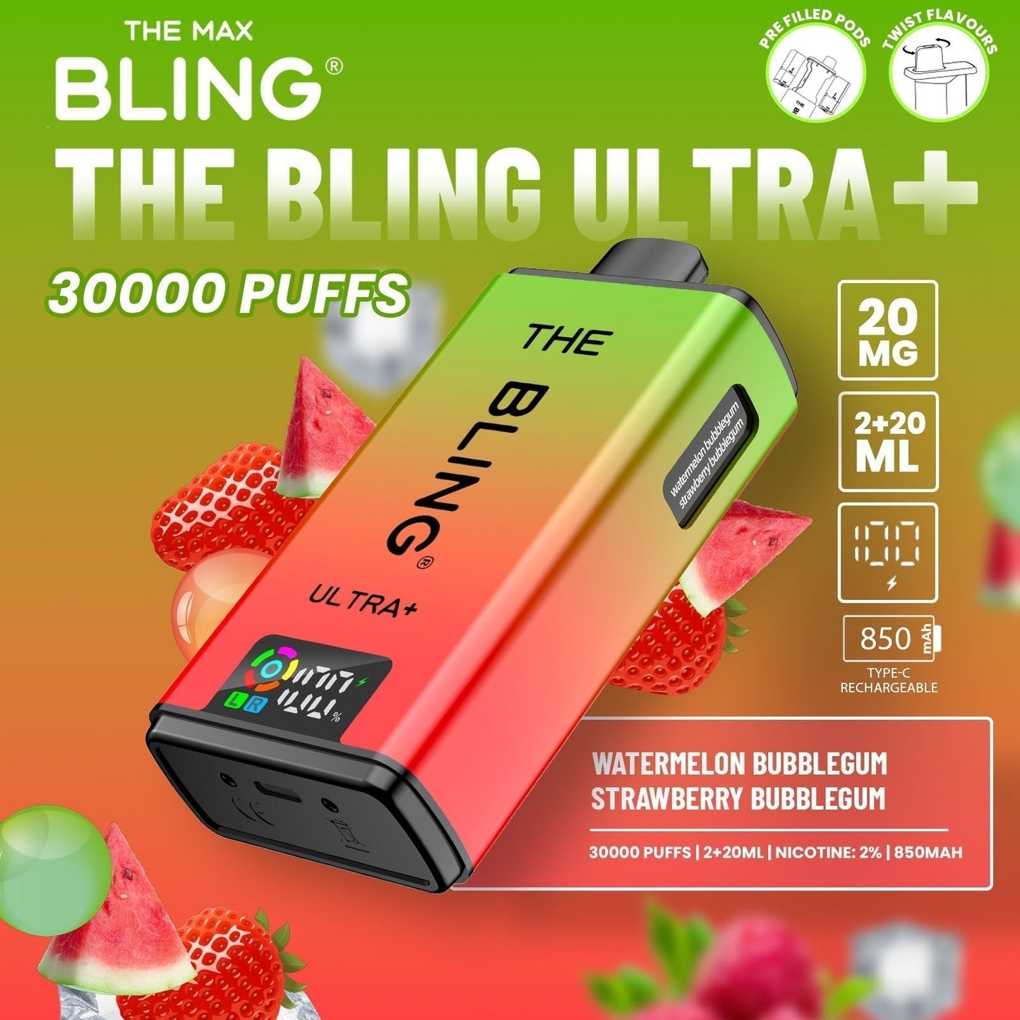 The Bling Ultra Plus 30k Prefilled Vape Pod Kit Box of 5 available in Watermelon Bubblegum Strawberry Bubblegum 
