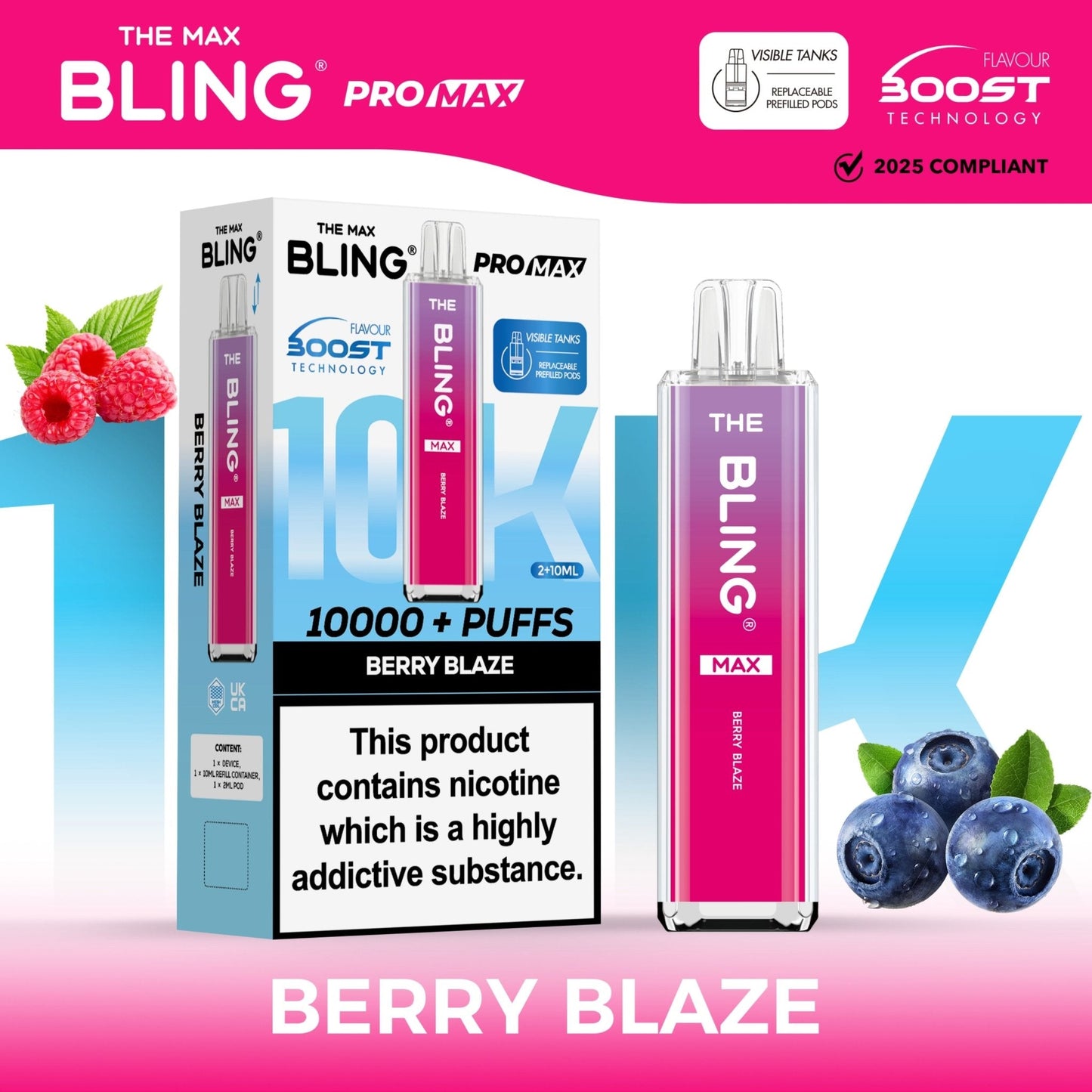The Crystal Bling Max 10K Prefilled Pod Kit - Box of 5 Available In Berry Blaze Flavour 