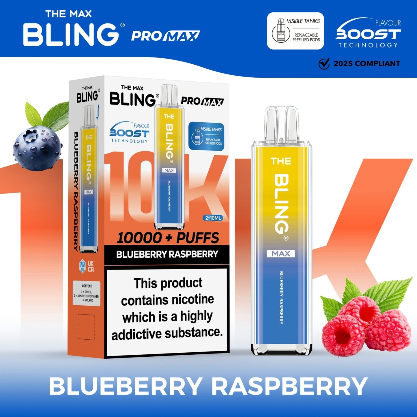 The Crystal Bling Max 10K Prefilled Pod Kit - Box of 5 Available In Blueberry Raspberry Flavour 