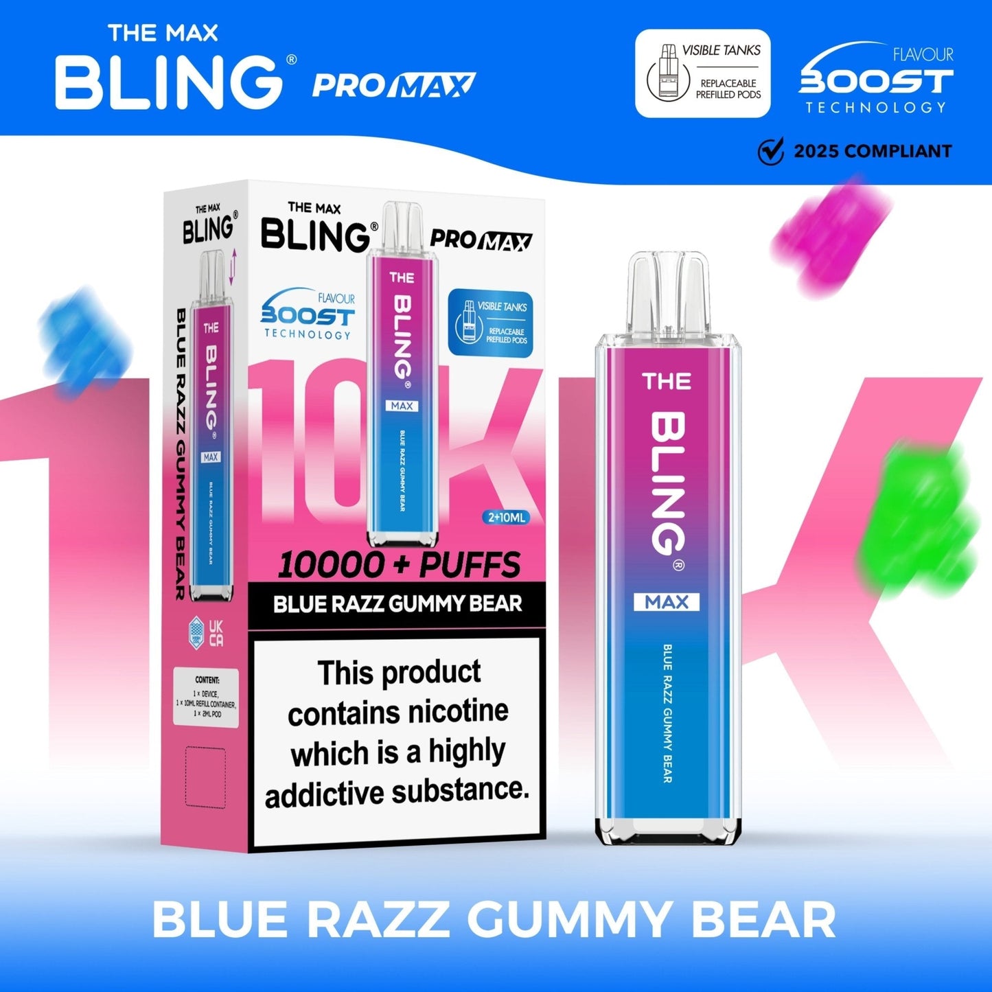 The Crystal Bling Max 10K Prefilled Pod Kit - Box of 5 Available In Blue Razz Gummy Bear Flavour 