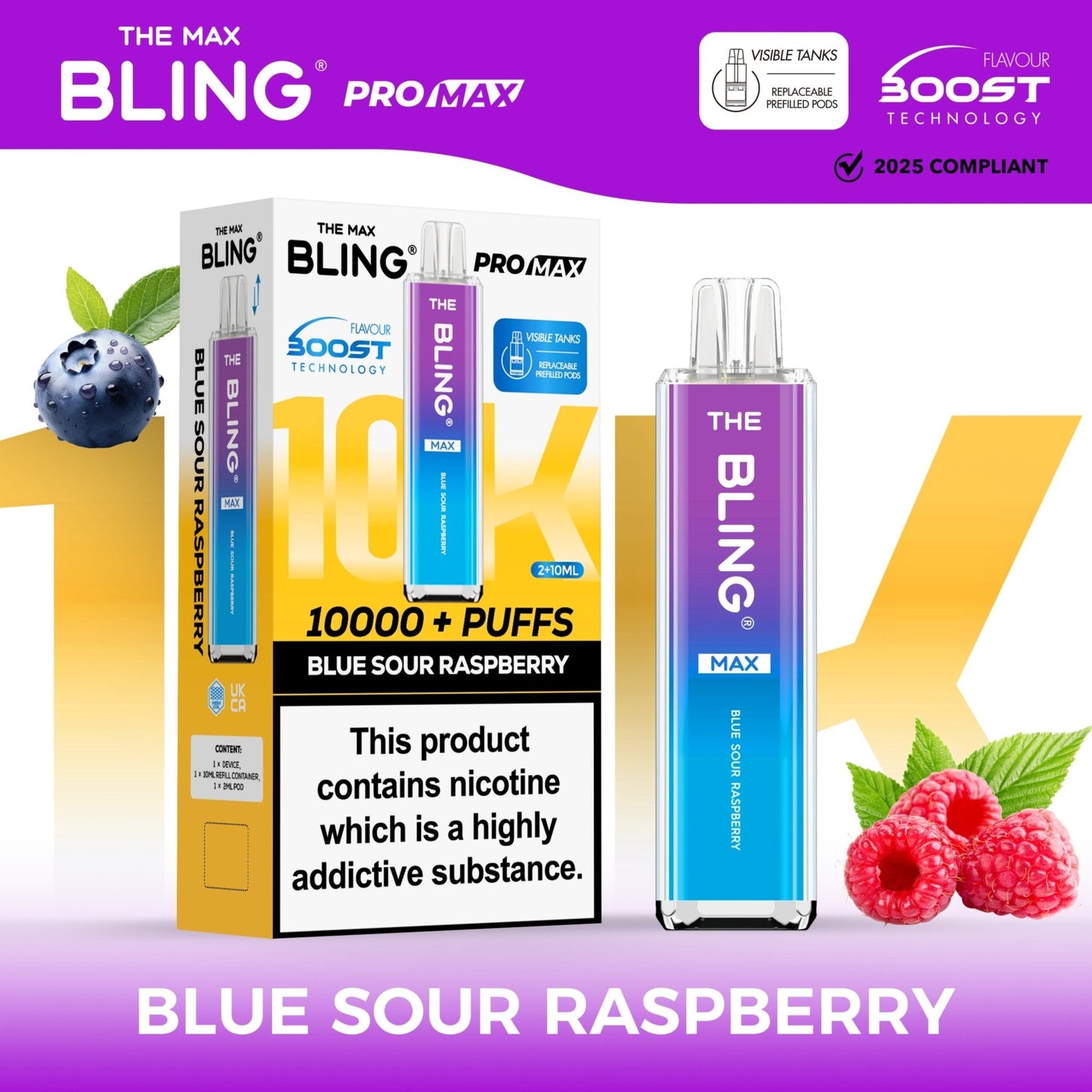 The Crystal Bling Max 10K Prefilled Pod Kit - Box of 5 Available In Blue Sour Raspberry Flavour 