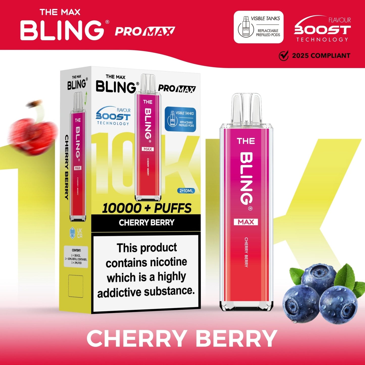 The Crystal Bling Max 10K Prefilled Pod Kit - Box of 5 Available In Cherry Berry Flavour 