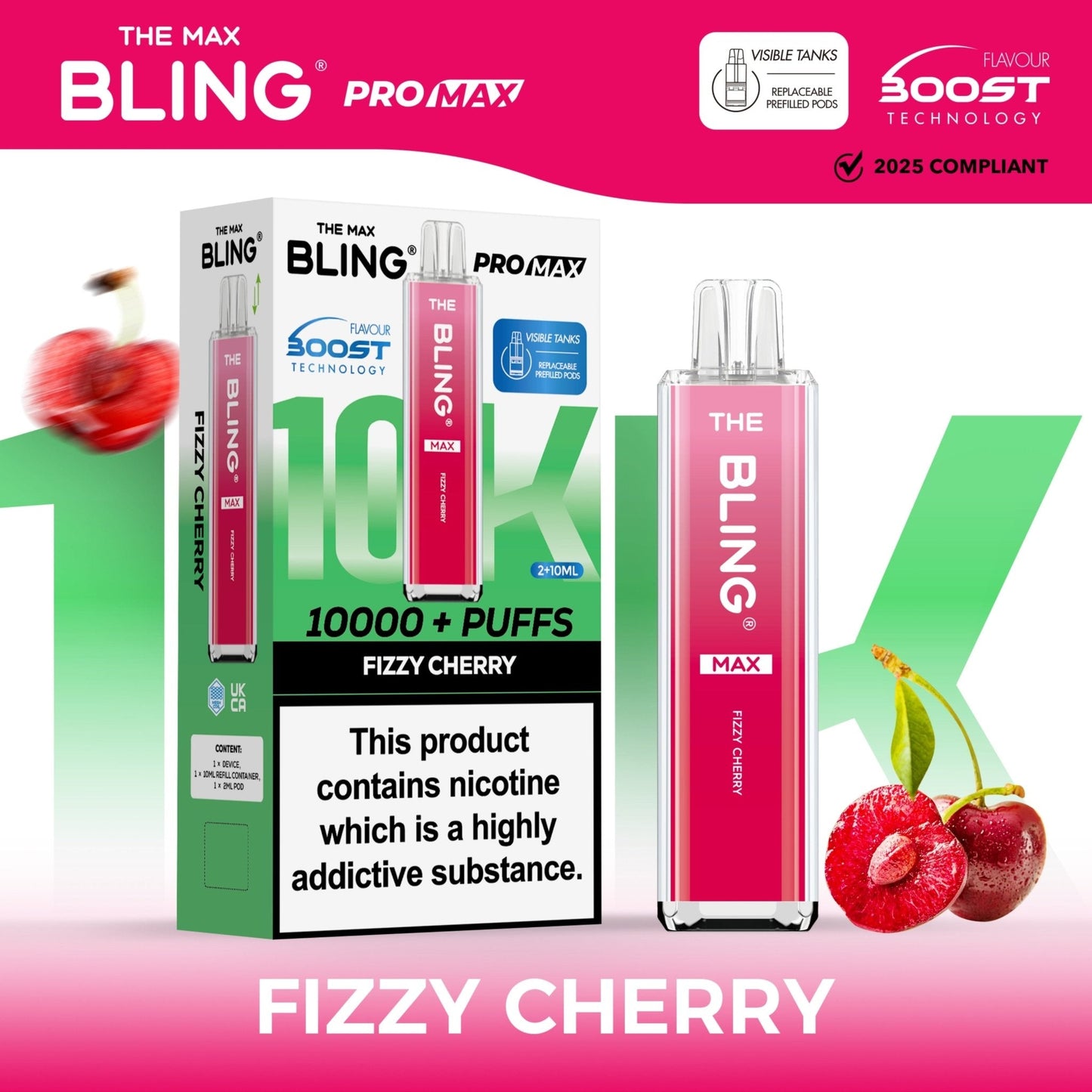 The Crystal Bling Max 10K Prefilled Pod Kit - Box of 5 Available In Fizzy Cherry Flavour 