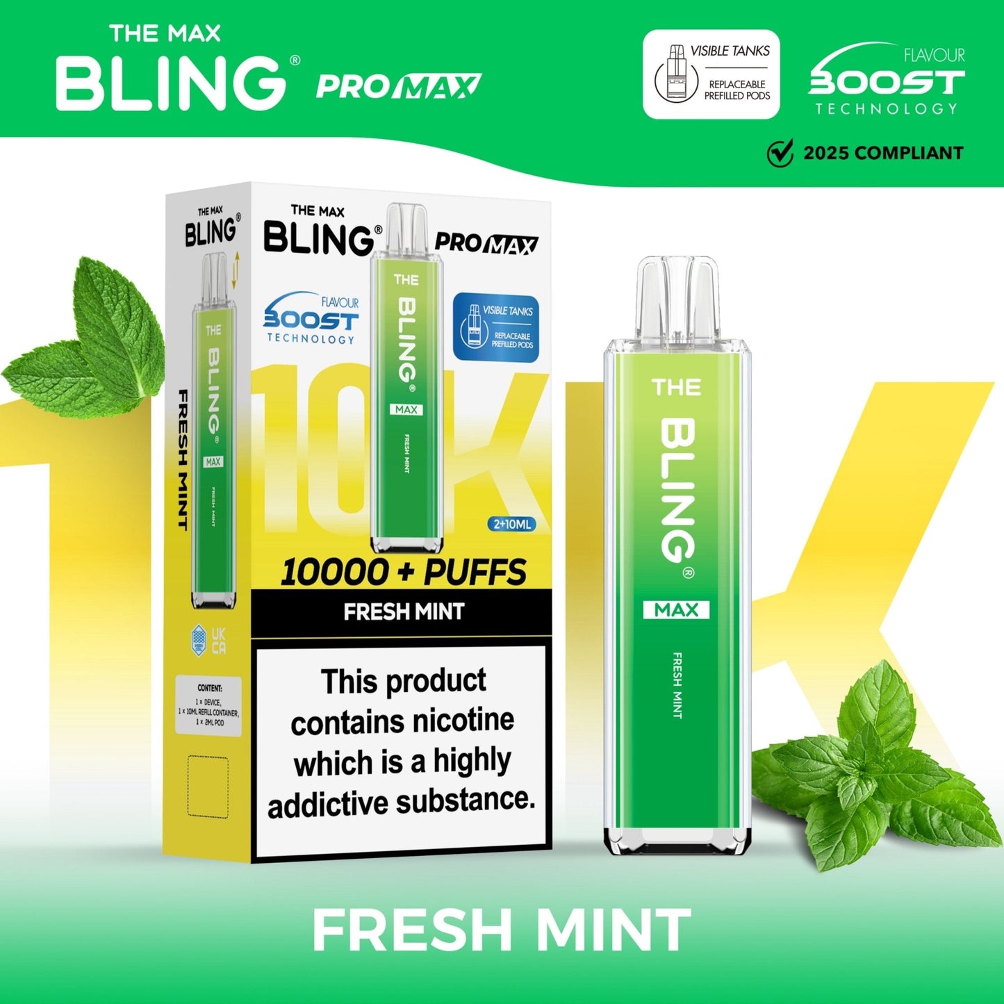 The Crystal Bling Max 10K Prefilled Pod Kit - Box of 5 Available In Fresh Mint Flavour 