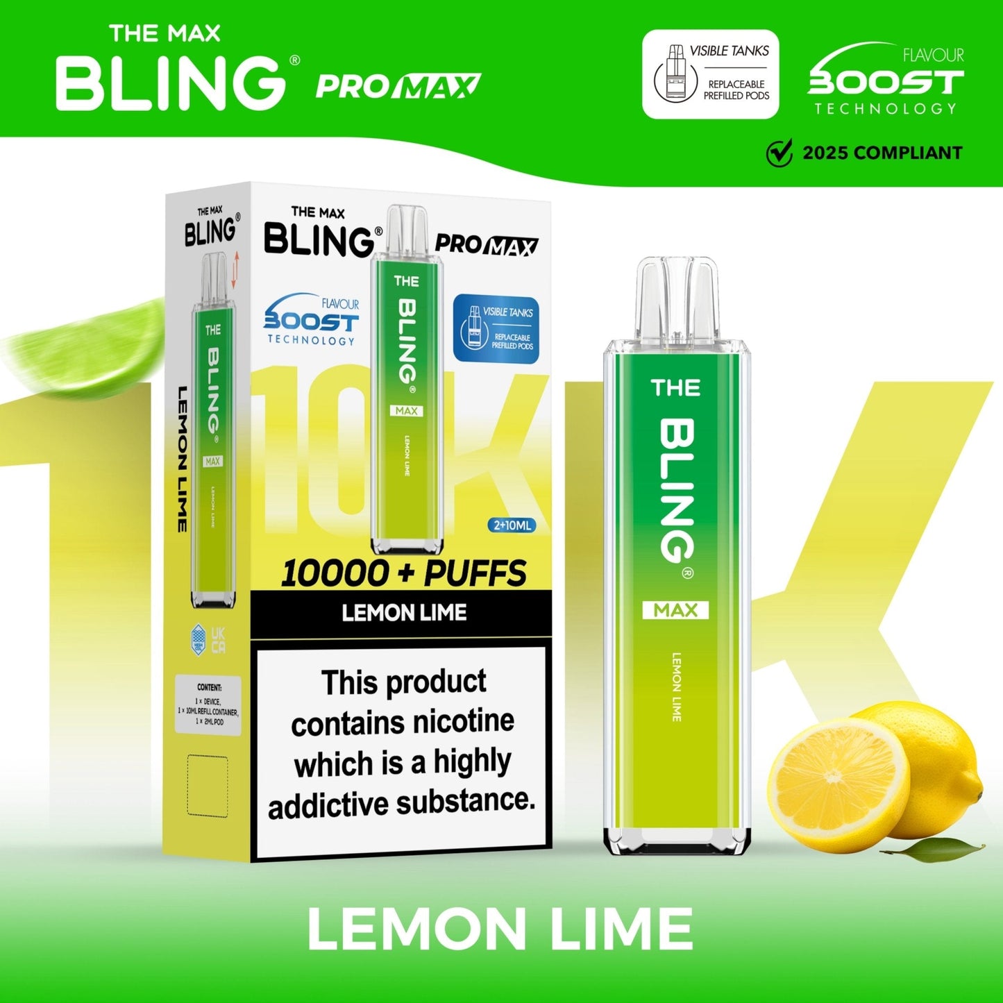 The Crystal Bling Max 10K Prefilled Pod Kit - Box of 5 Available In Lemon & LIme Flavour 