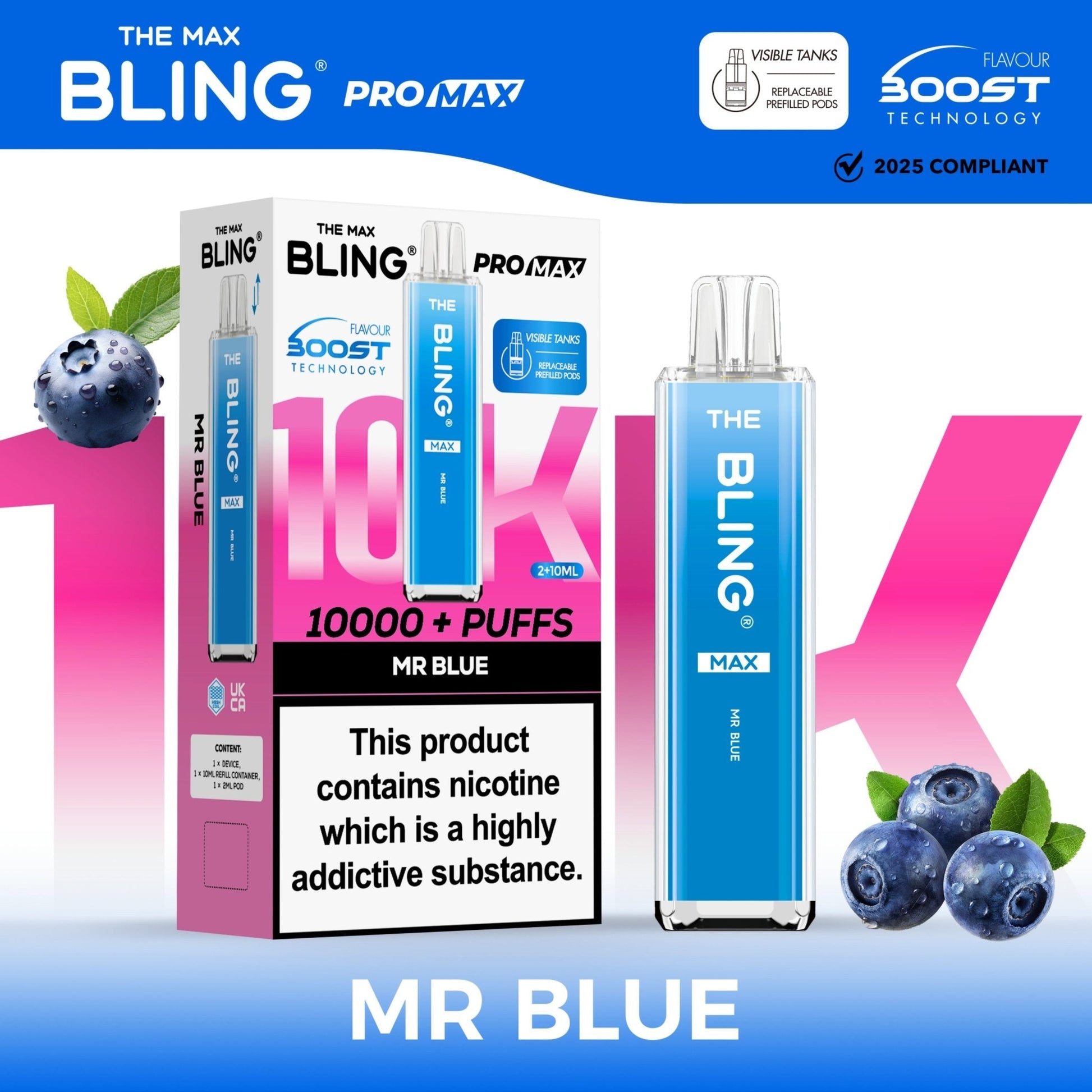 The Crystal Bling Max 10K Prefilled Pod Kit - Box of 5 Available In MR Blue Flavour 