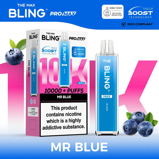 The Crystal Bling Max 10K Prefilled Pod Kit - Box of 5 Available In MR Blue Flavour 
