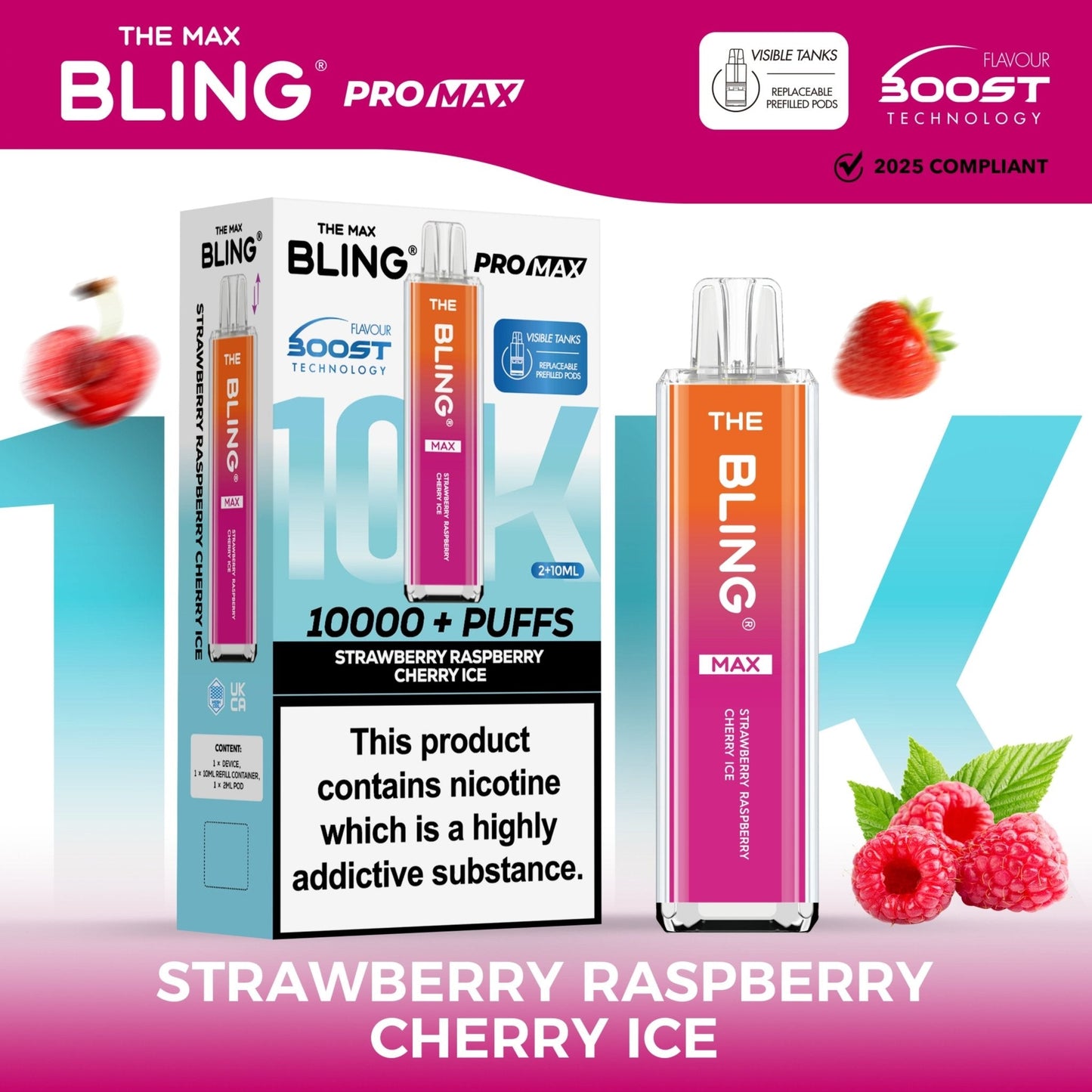 The Crystal Bling Max 10K Prefilled Pod Kit - Box of 5 Available In Strawberry Raspberry Cherry Ice Flavour 