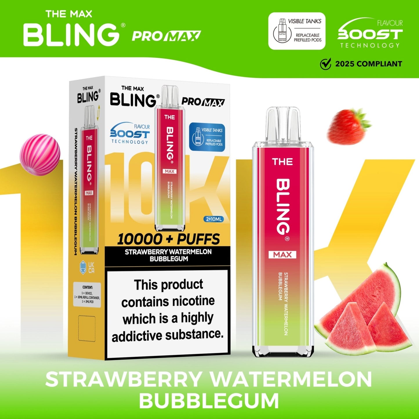 The Crystal Bling Max 10K Prefilled Pod Kit - Box of 5 Available In Strawberry Watermelon Bubblegum Flavour 