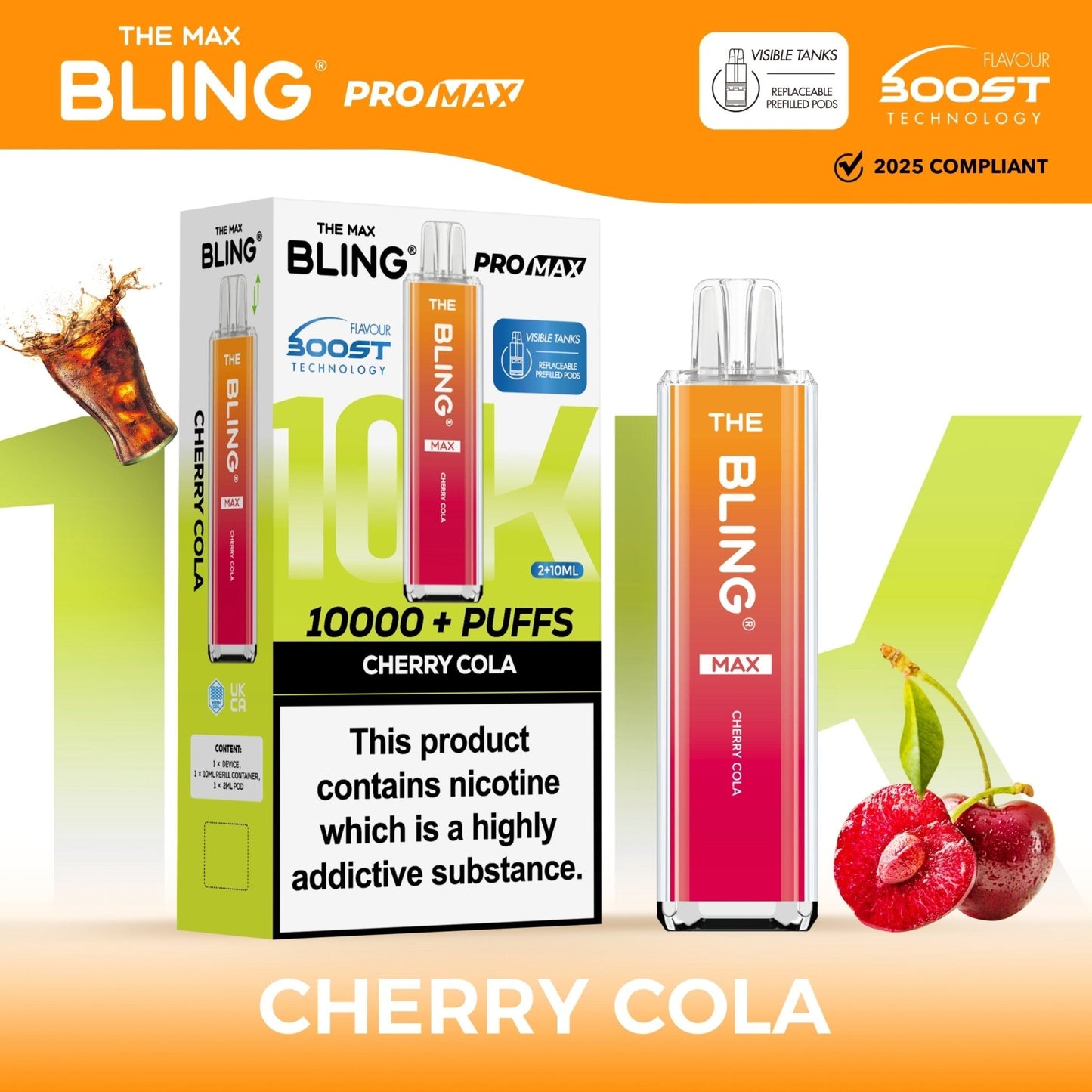 The Crystal Bling Max 10K Prefilled Pod Kit - Box of 5 Available In Cherry Cola Flavour 