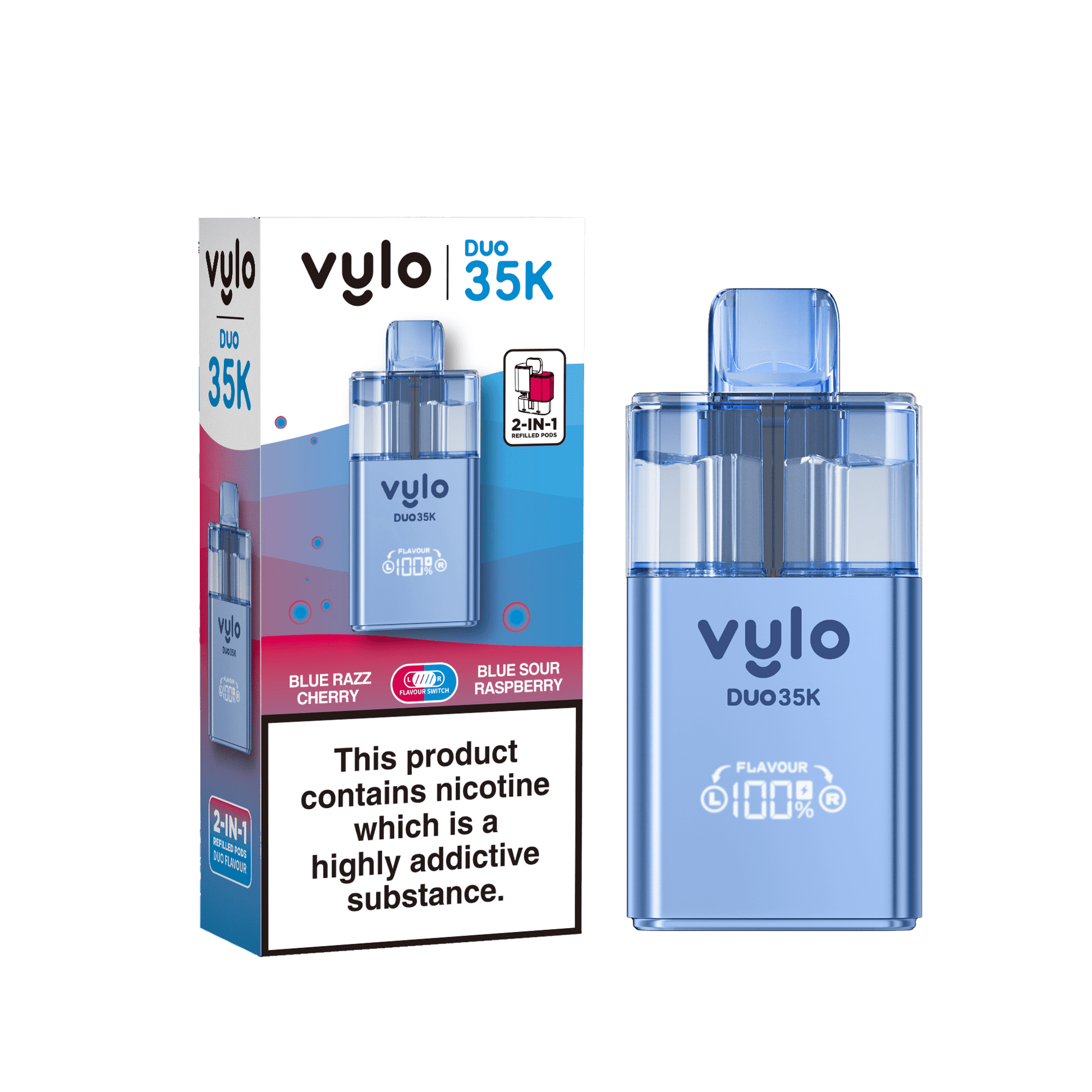 Vylo Duo 35k Prefilled 2 in 1 Pod Vape Box of 5 - Available In Blue Razz Cherry & Blue Sour Raspberry