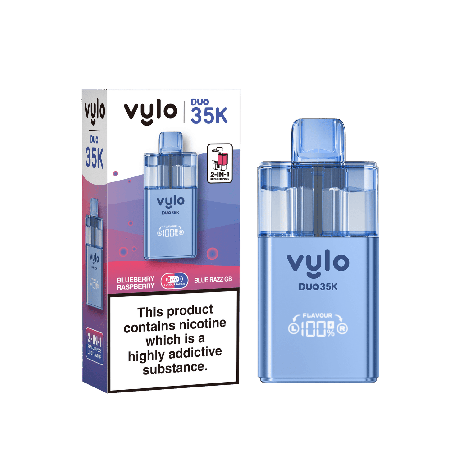 Vylo Duo 35k Prefilled 2 in 1 Pod Vape Box of 5 - Blueberry Raspberry & Blue Razz GB Flavour