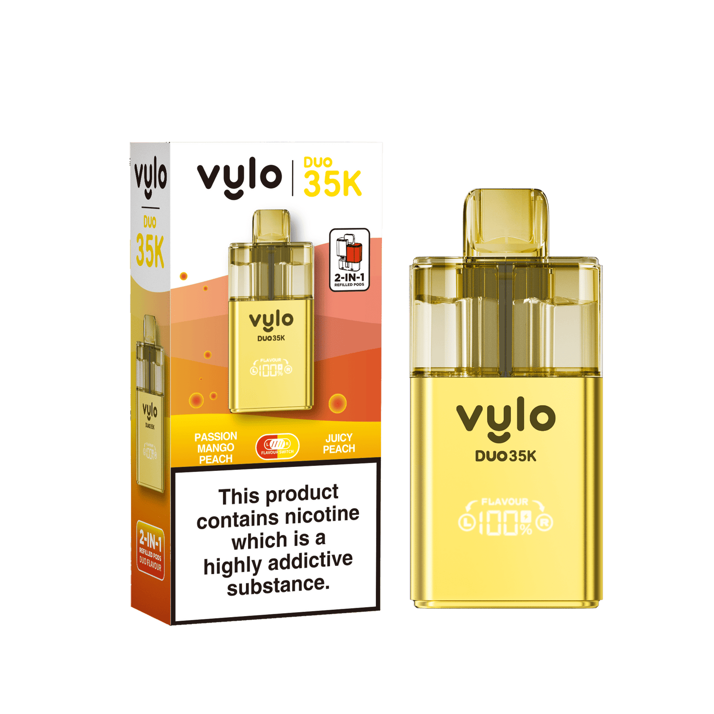 Vylo Duo 35k Prefilled 2 in 1 Pod Vape Box of 5 -  Available InPassion Mango Peach & Juicy Peach